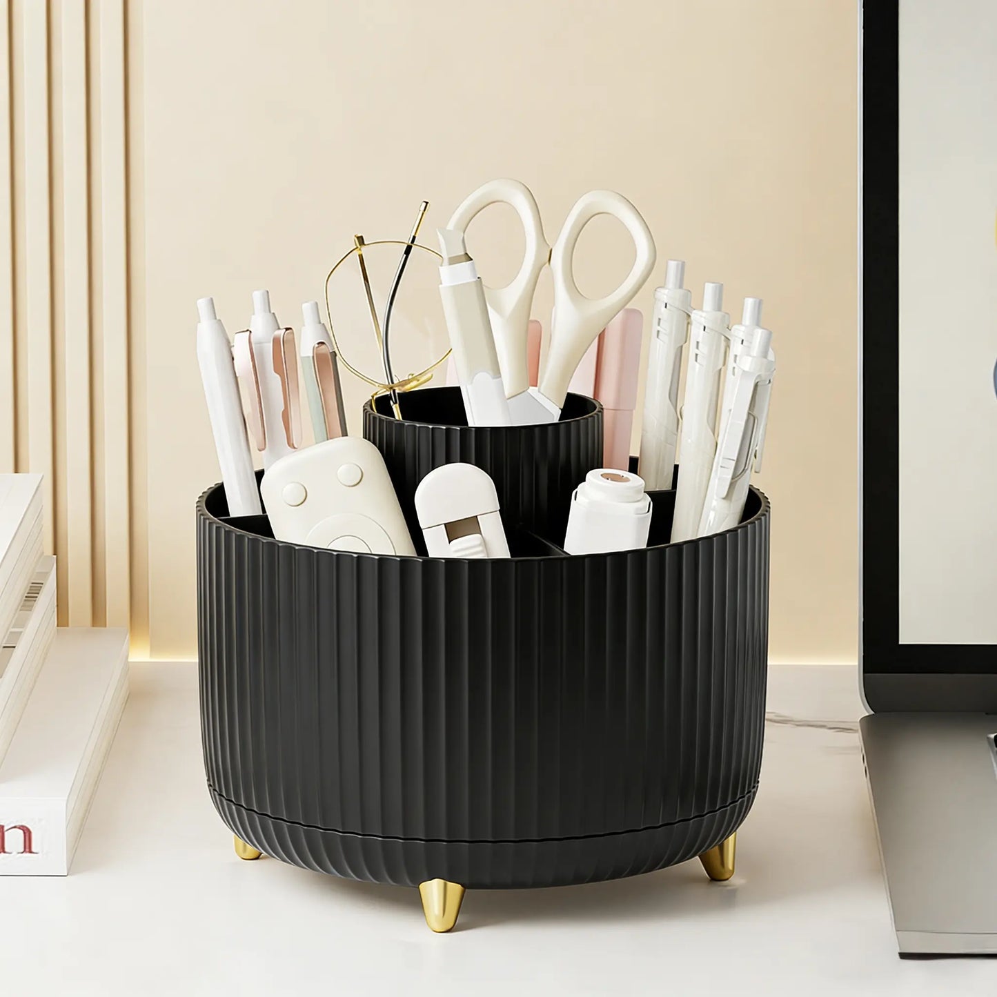 Luxury 360° Rotating Makeup Organizer – 5 Compartments Cosmetic Brush & Desktop Storage Holder