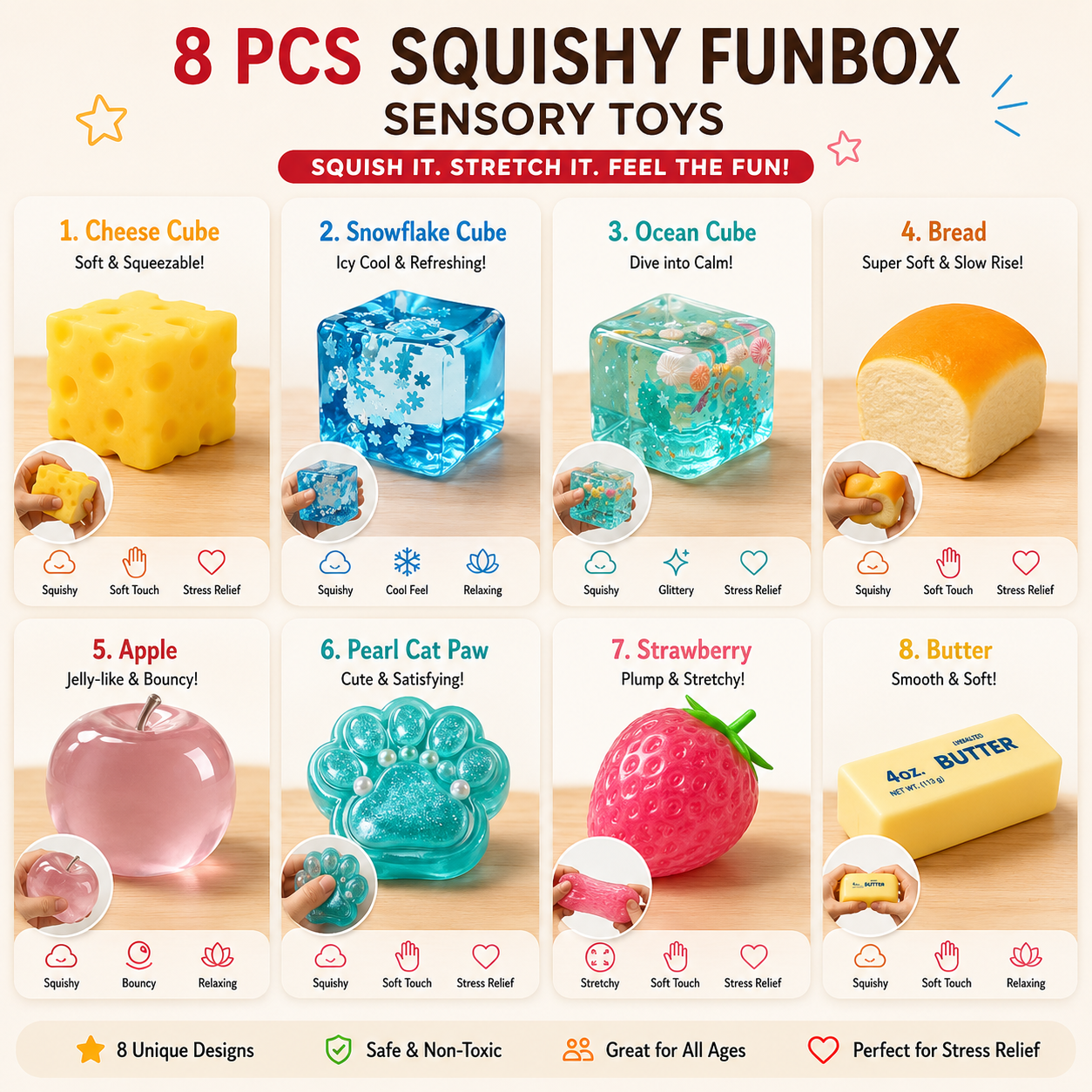 8-Piece Mystery Squishy Box – Ultimate Stress Relief Sensory Bundle