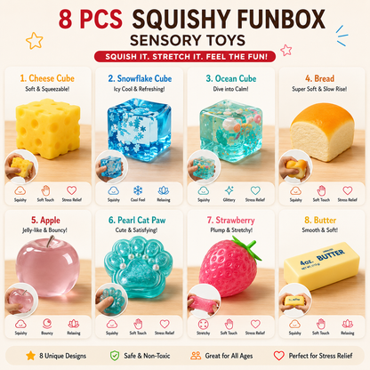 8-Piece Mystery Squishy Box – Ultimate Stress Relief Sensory Bundle