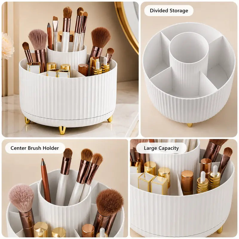 Luxury 360° Rotating Makeup Organizer – 5 Compartments Cosmetic Brush & Desktop Storage Holder