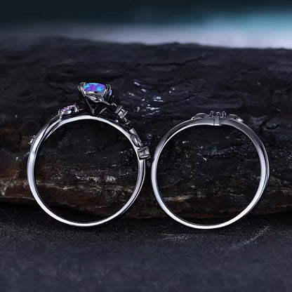 2-Piece Teardrop Opal Ring Set – Elegant Leaf Design