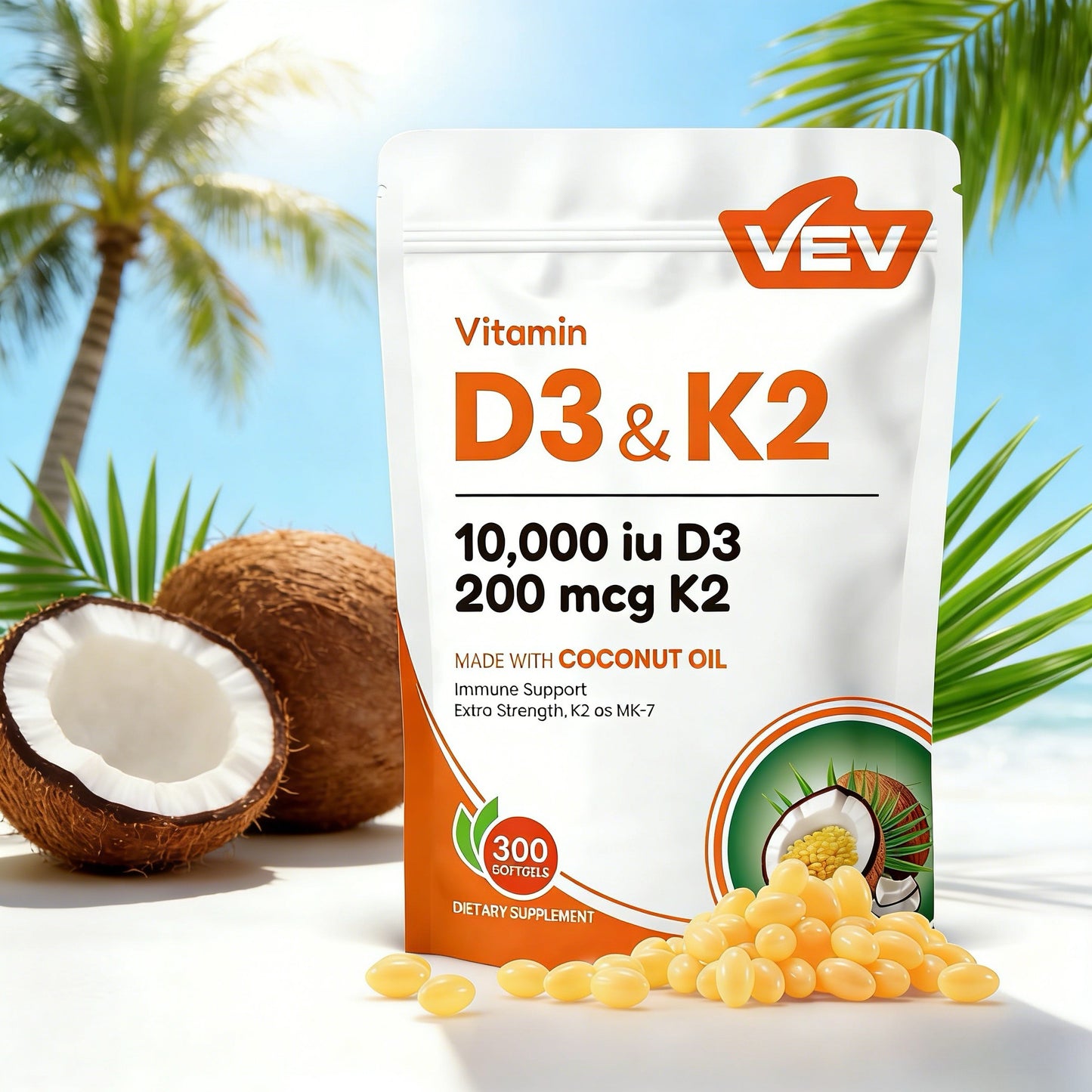 VEV Vitamin D3 K2 10000 lU,300 Coconut Oil Softgels