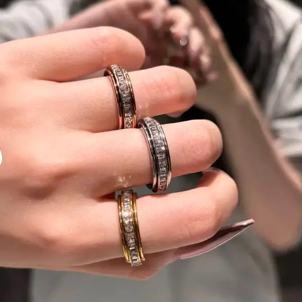 Anxiety Relief Ring – Titanium Steel Spinner Fidget Band with Cubic Zirconia | Perfect Gift for Her/Him