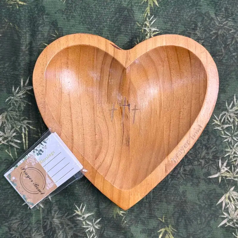 Wooden Heart Prayer Bowl with 3 Engraved Crosses, Christian Religious Prayer Bowl Gift with Prayer Cards