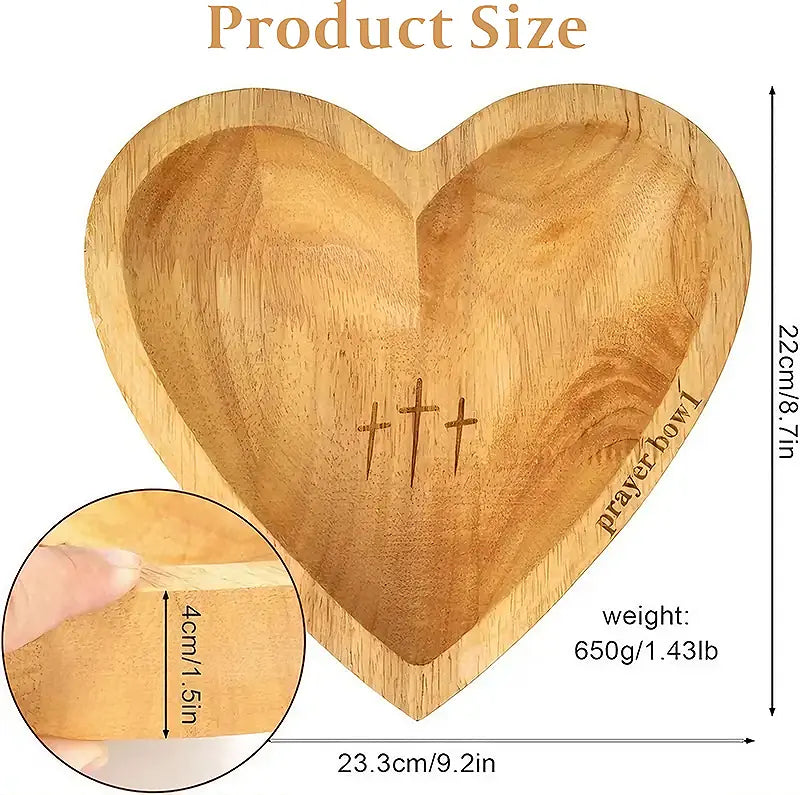 Wooden Heart Prayer Bowl with 3 Engraved Crosses, Christian Religious Prayer Bowl Gift with Prayer Cards