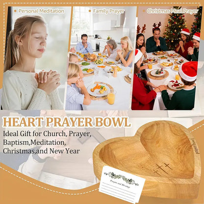Wooden Heart Prayer Bowl with 3 Engraved Crosses, Christian Religious Prayer Bowl Gift with Prayer Cards