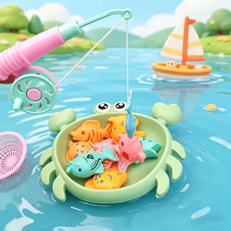 KIDS MAGNETIC CRAB FISHING TOY SET 8 FISH + CRAB SHELL + FISHING ROD