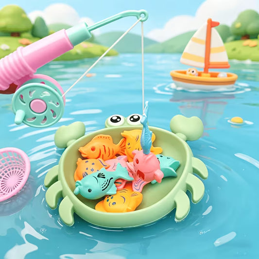 KIDS MAGNETIC CRAB FISHING TOY SET 8 FISH + CRAB SHELL + FISHING ROD