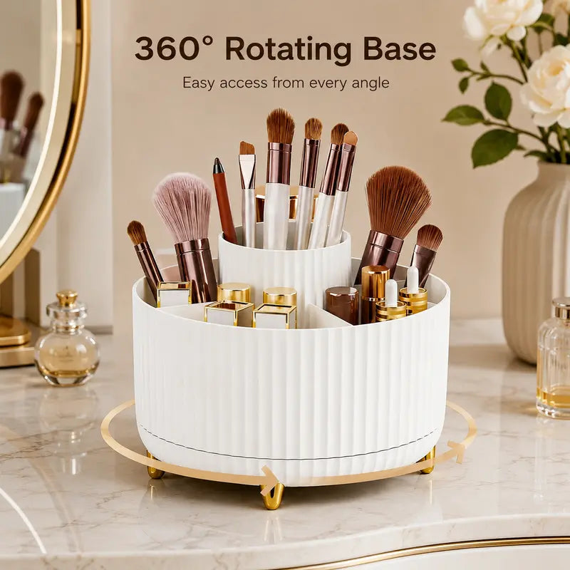 Luxury 360° Rotating Makeup Organizer – 5 Compartments Cosmetic Brush & Desktop Storage Holder