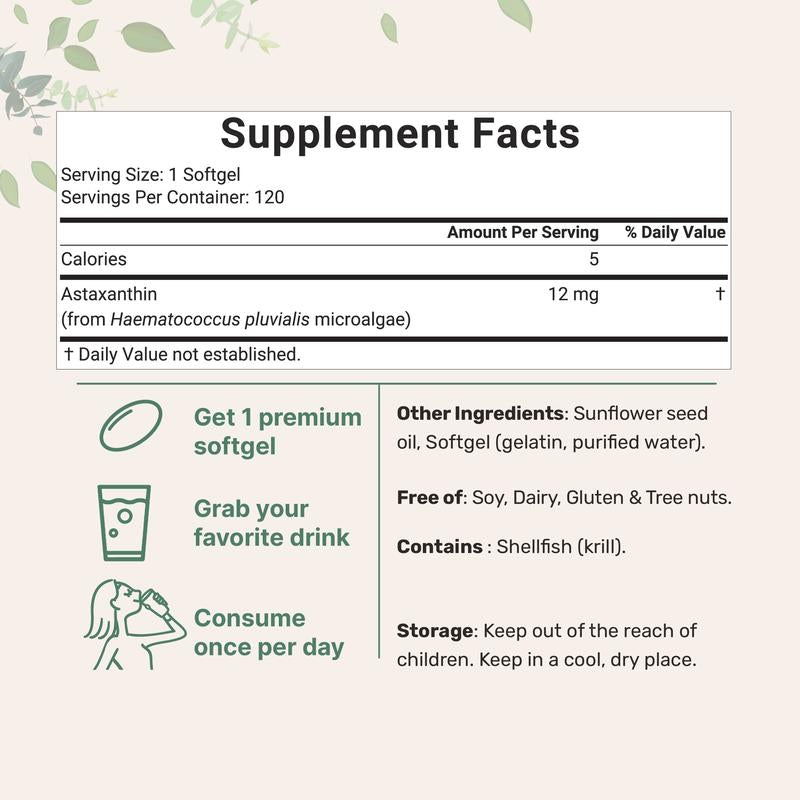 12mg Astaxanthin Softgels from Pure Microalgae Source | Natural Skin & Wellness Support | 120 Easy-to-Swallow Softgels (4-Month Supply)