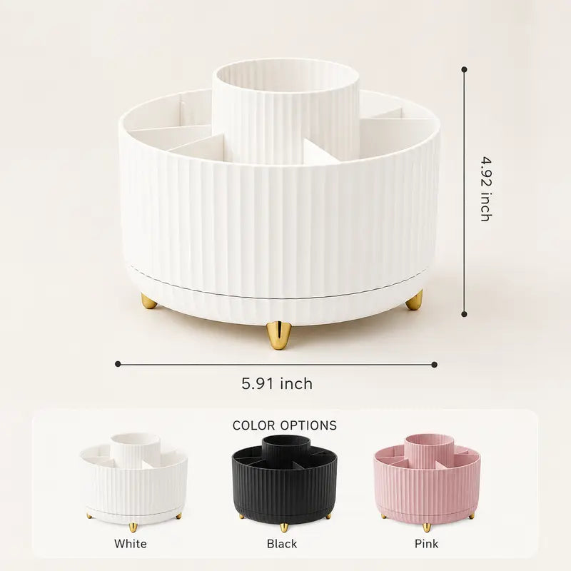 Luxury 360° Rotating Makeup Organizer – 5 Compartments Cosmetic Brush & Desktop Storage Holder