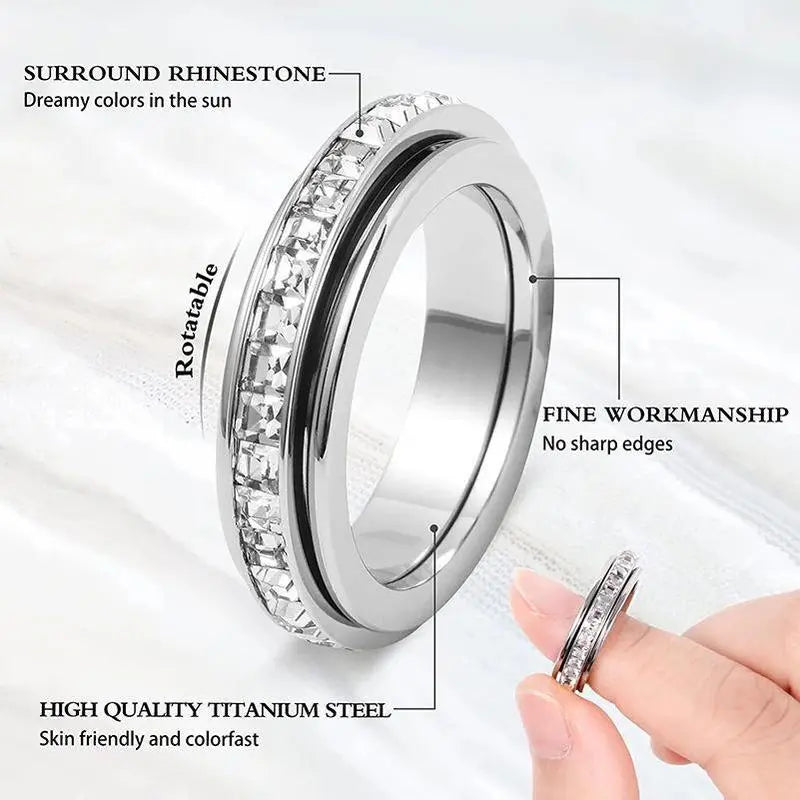 Anxiety Relief Ring – Titanium Steel Spinner Fidget Band with Cubic Zirconia | Perfect Gift for Her/Him