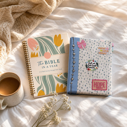 The Bible In A Year + Floral Paperback A4 Book Cover Bundle