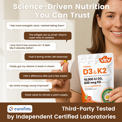 VEV Vitamin D3 K2 10000 lU,300 Coconut Oil Softgels