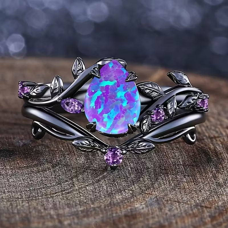 2-Piece Teardrop Opal Ring Set – Elegant Leaf Design