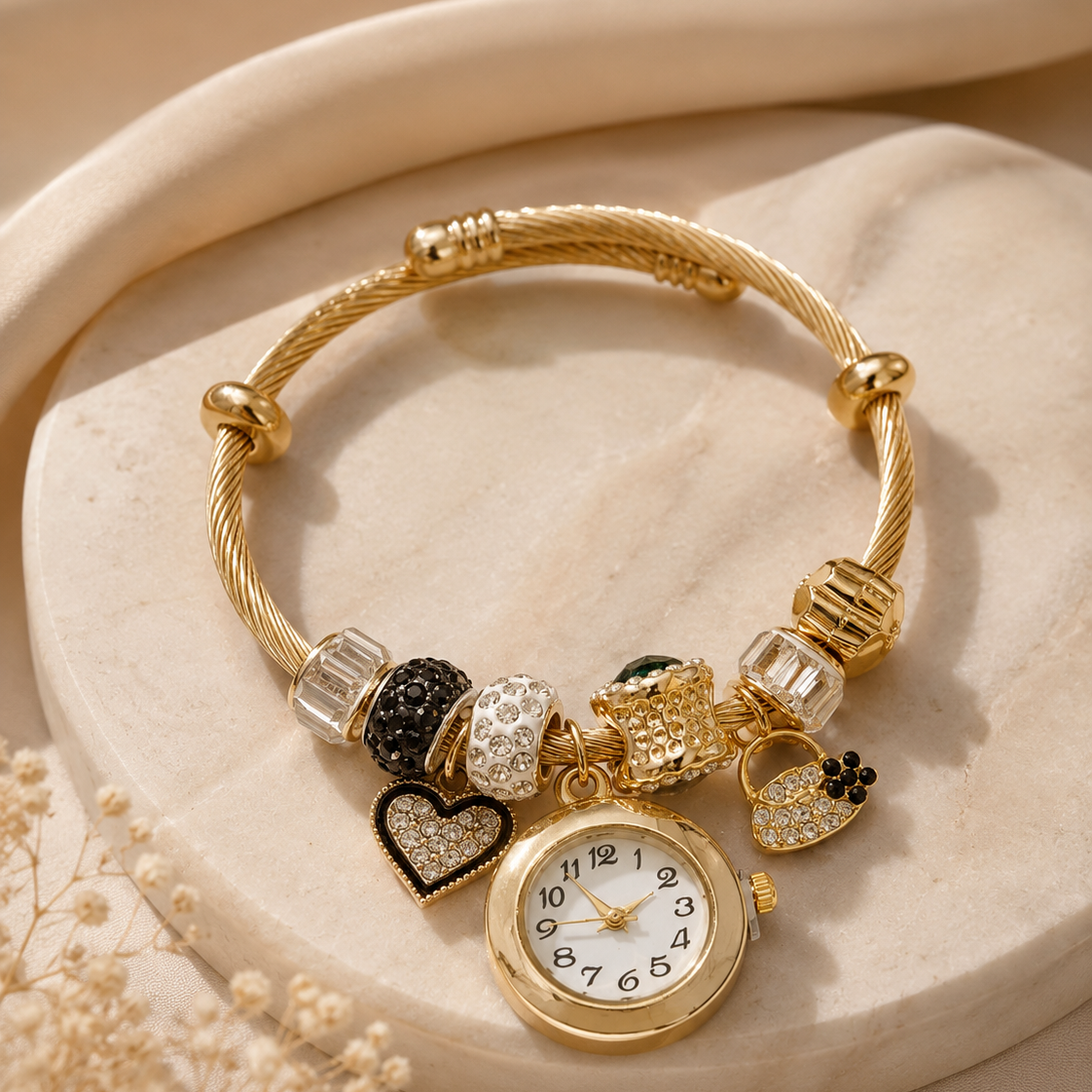 Women’s Beaded Bracelet Watch, Heart Bear Flower Charm Quartz Wristwatch