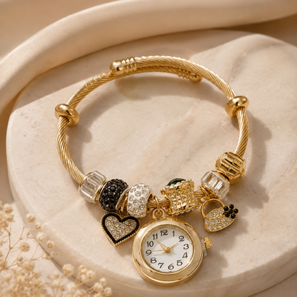 Women’s Beaded Bracelet Watch, Heart Bear Flower Charm Quartz Wristwatch