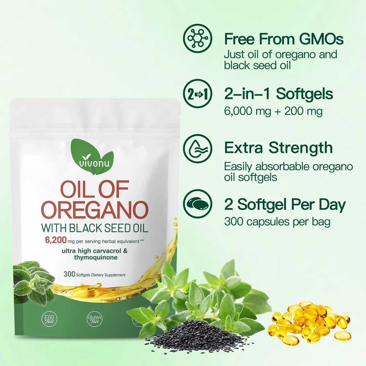 Oil of Oregano with Black Seed Oil, Balanced Oil of Oregano Capsules, Organic OreganoOil Softgels