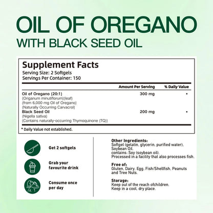Oil of Oregano with Black Seed Oil, Balanced Oil of Oregano Capsules, Organic OreganoOil Softgels