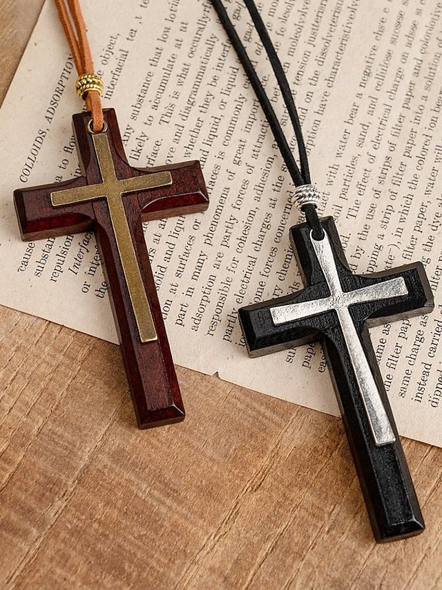 2 Pack Wooden Cross Pendant Necklaces with Leather Cord