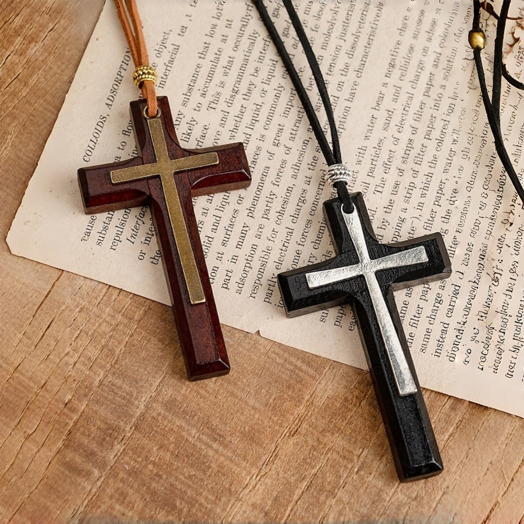 2 Pack Wooden Cross Pendant Necklaces with Leather Cord